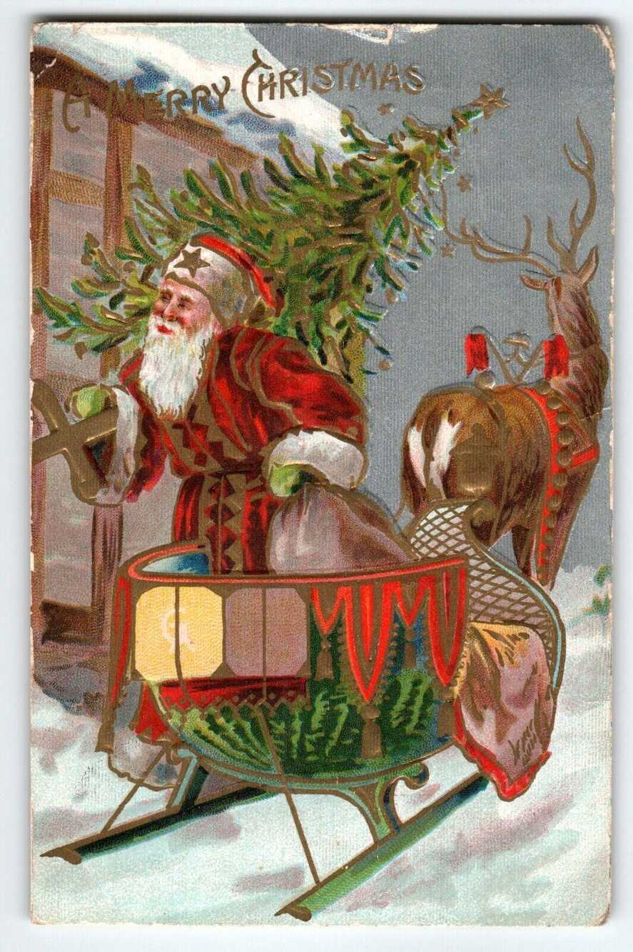 Santa Claus Christmas Postcard Reindeer Sled X-mas Tree 1908 Embossed Greetings